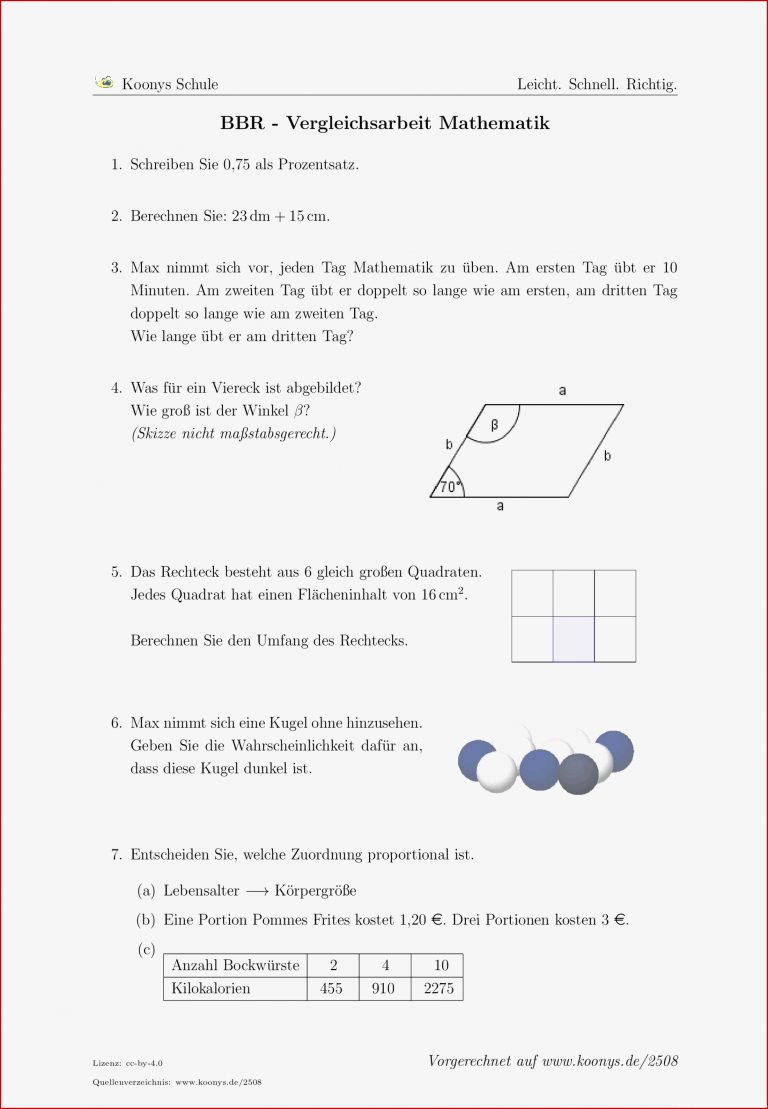 Aufgaben BBR Vergleichsarbeit Mathematik mit Lösungen