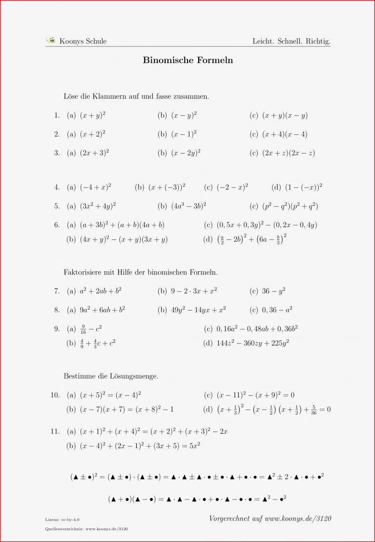 Aufgaben Binomische Formeln mit Lösungen
