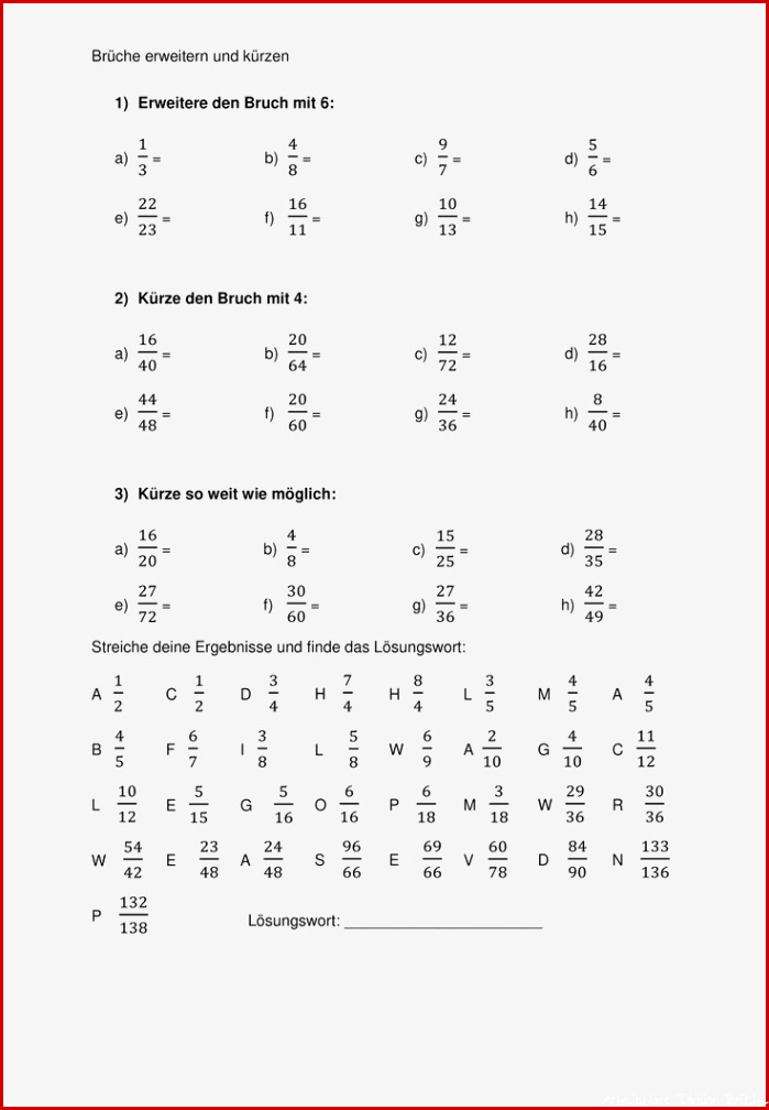 Aufgaben Brüche erweitern und kürzen – Unterrichtsmaterial
