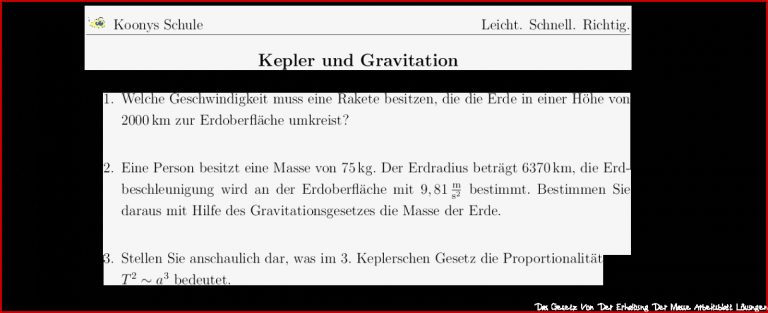 Aufgaben Kepler und Gravitation mit Lösungen | Koonys Schule #6030