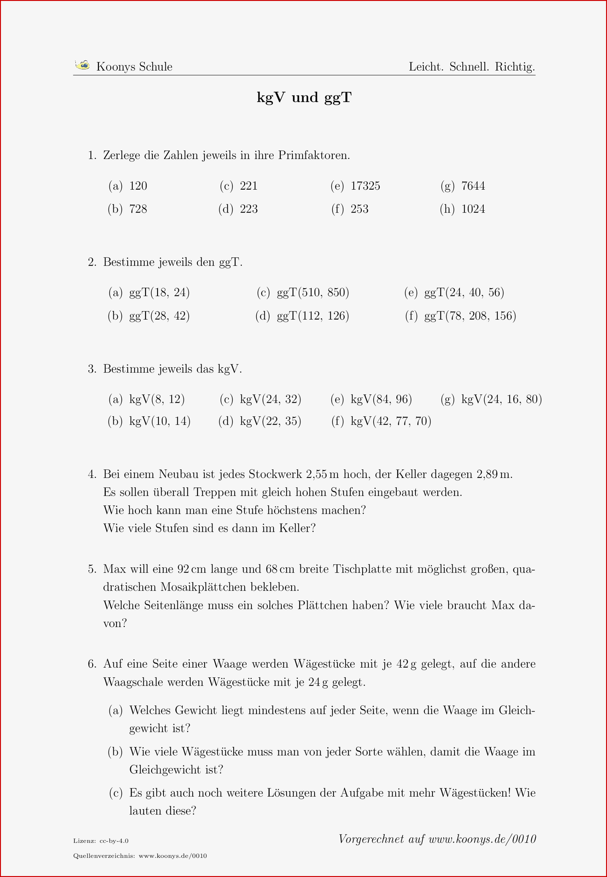 Aufgaben Kgv Und Ggt Mit Lösungen