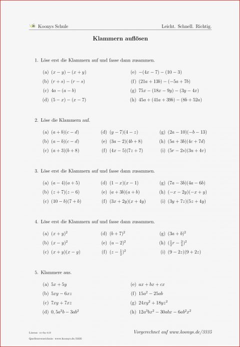 Aufgaben Klammern Auflösen Mit Lösungen