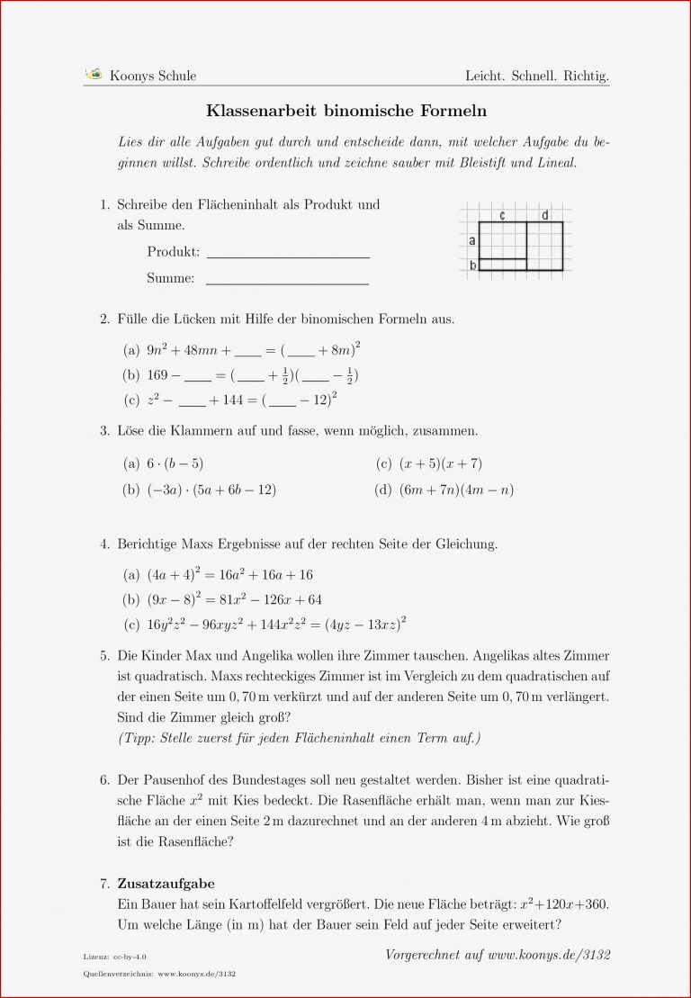 Aufgaben Klassenarbeit Binomische formeln Mit Lösungen