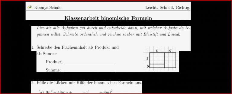 Aufgaben Klassenarbeit binomische Formeln mit Lösungen