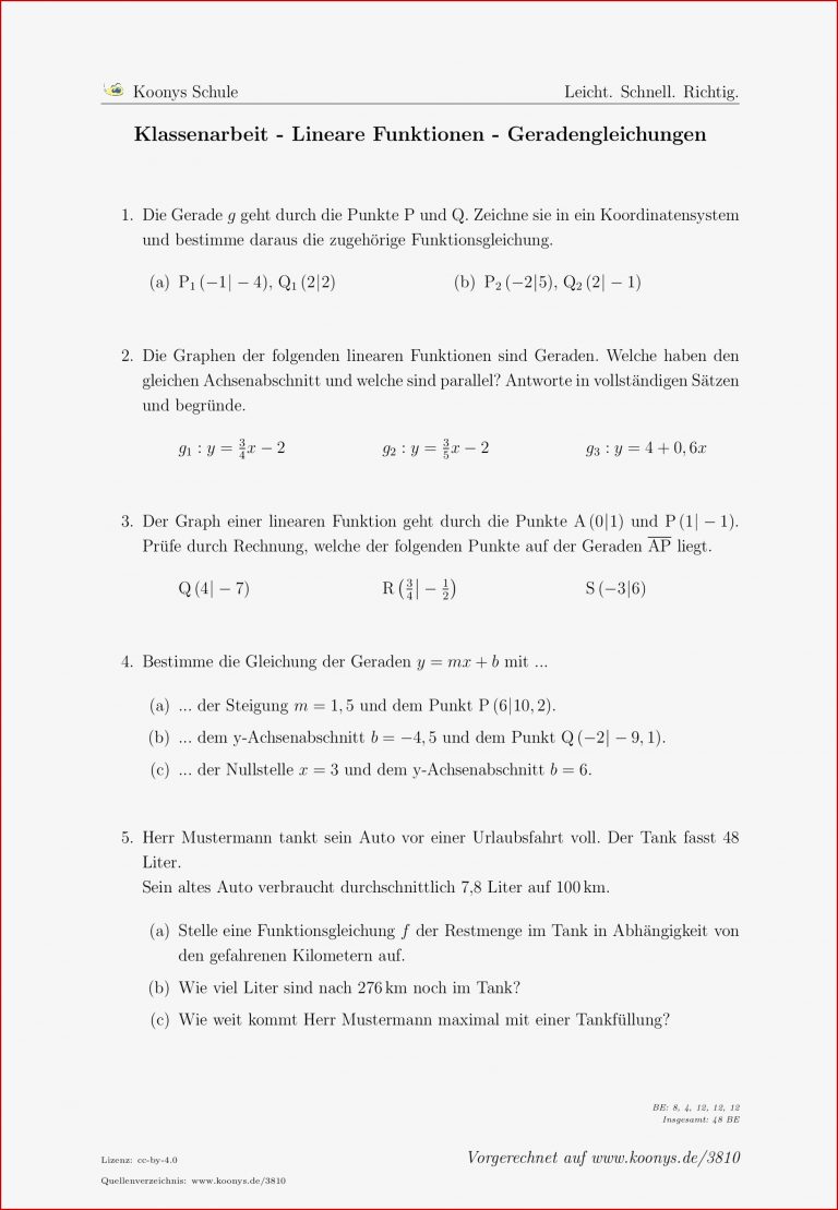 Aufgaben Klassenarbeit Lineare Funktionen