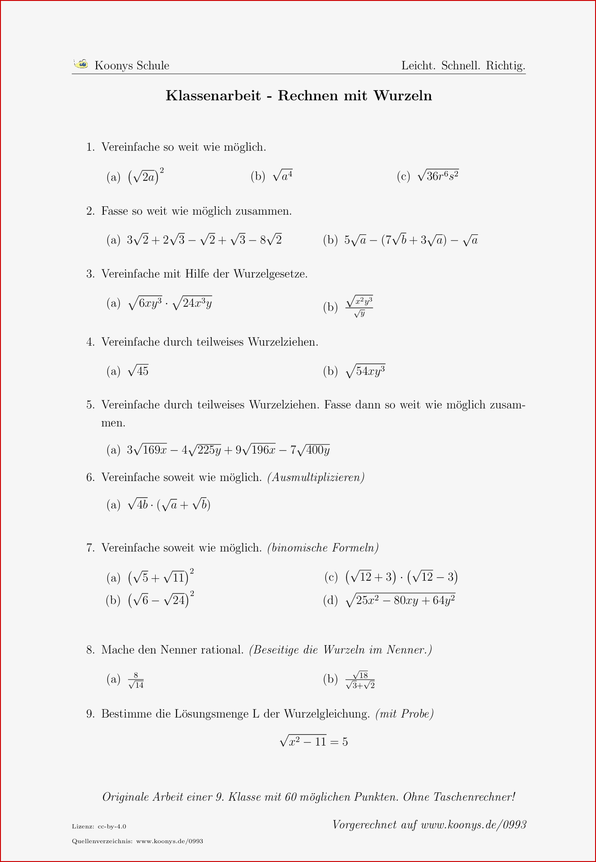 Aufgaben Klassenarbeit Rechnen Mit Wurzeln Mit Lösungen