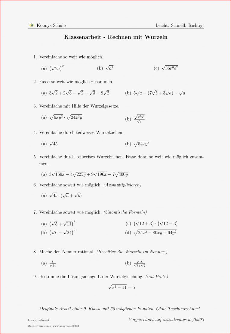 Aufgaben Klassenarbeit Rechnen mit Wurzeln mit Lösungen