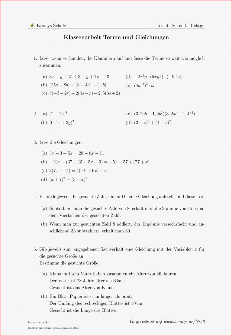 Aufgaben Klassenarbeit Terme und Gleichungen mit Lösungen