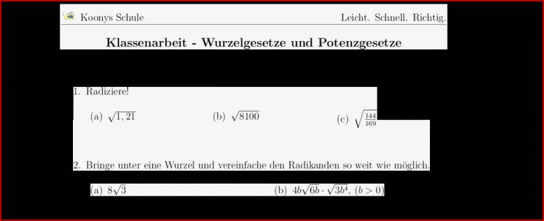 Aufgaben Klassenarbeit Wurzelgesetze und Potenzgesetze