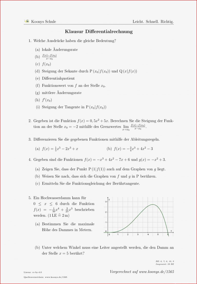 Aufgaben Klausur Differentialrechnung mit Lösungen