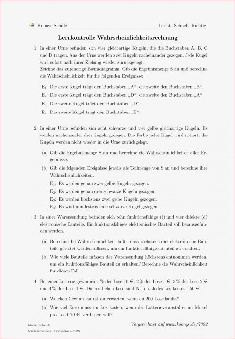 Aufgaben Lernkontrolle Wahrscheinlichkeitsrechnung Mit