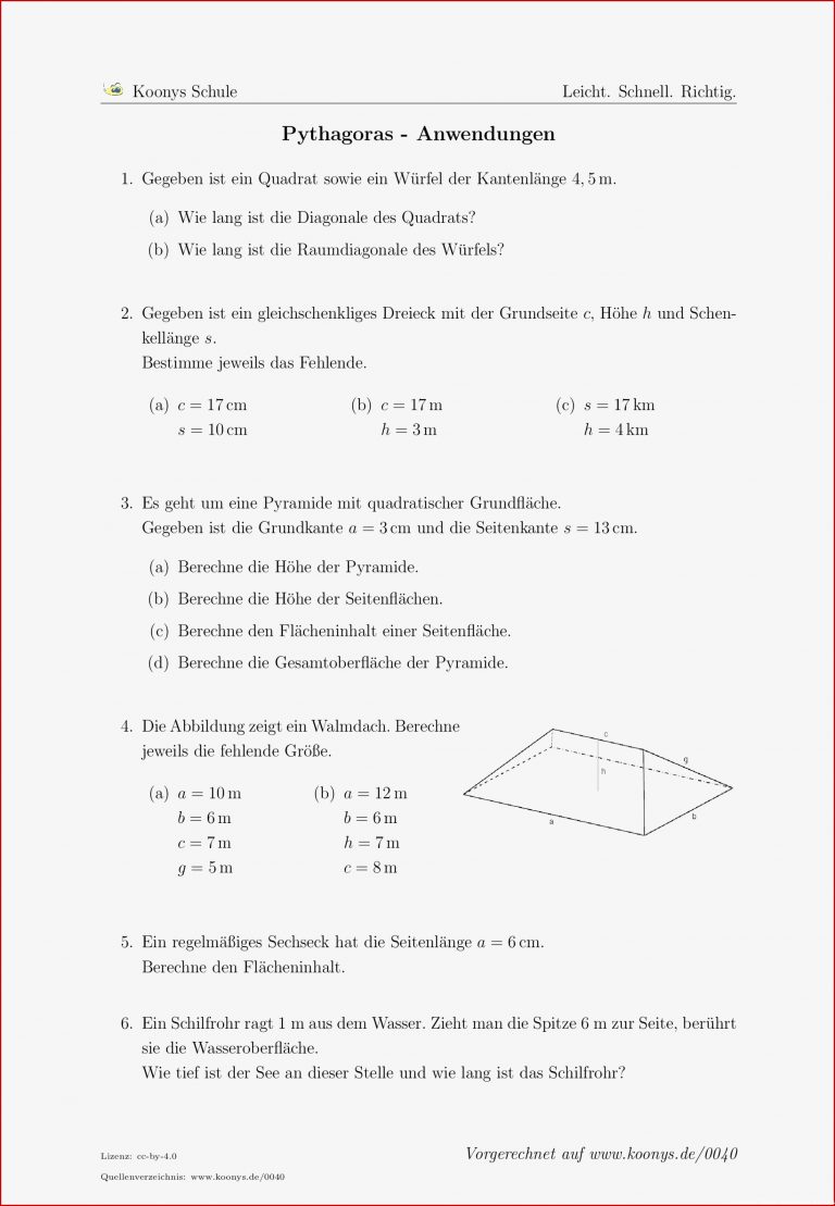Aufgaben Pythagoras Anwendungen mit Lösungen