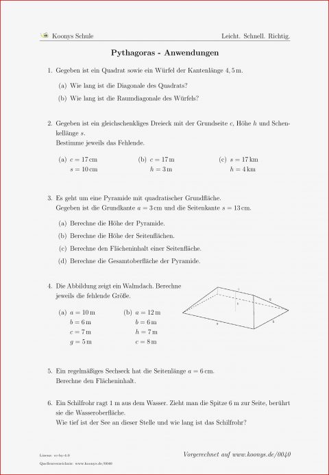 Aufgaben Pythagoras Anwendungen Mit Lösungen