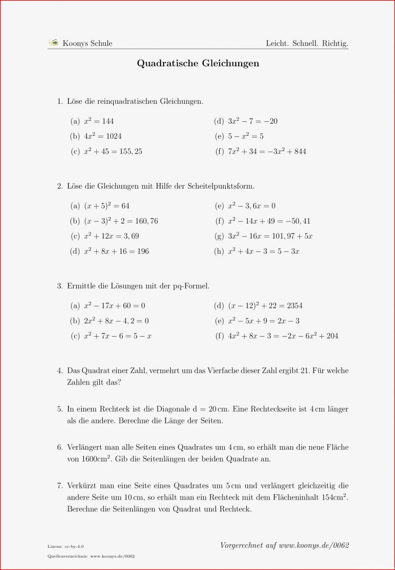 Aufgaben Quadratische Gleichungen Mit Lösungen