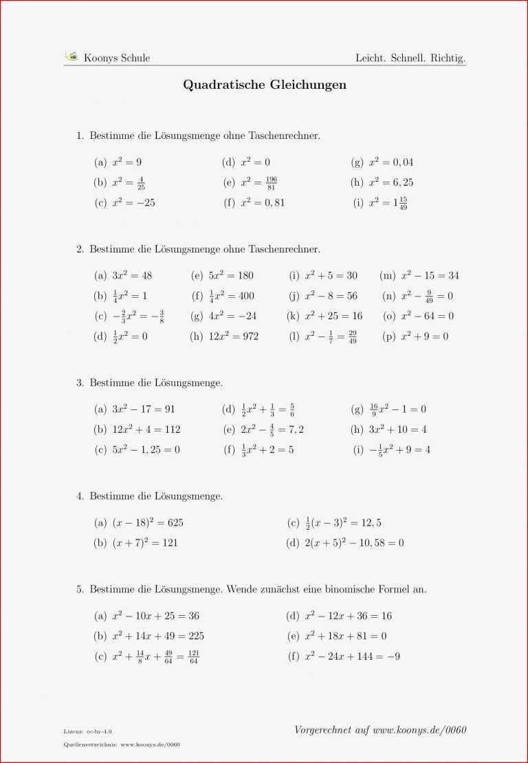 Aufgaben Quadratische Gleichungen mit Lösungen