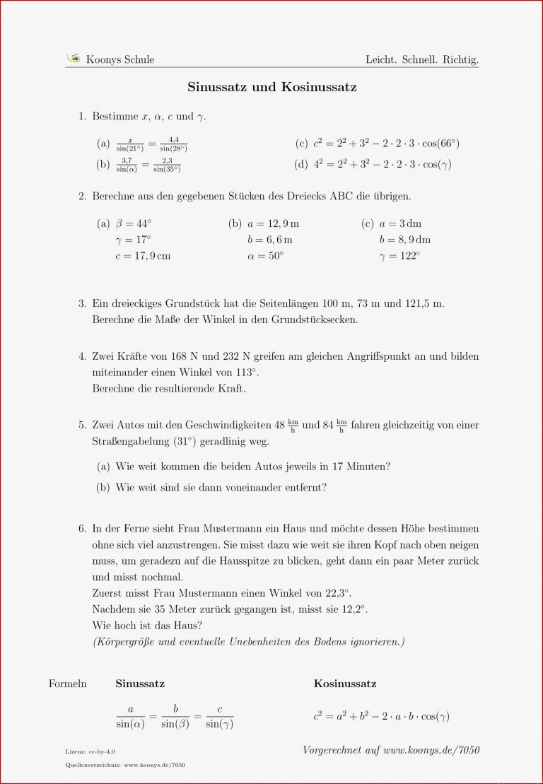 Aufgaben Sinussatz und Kosinussatz mit Lösungen