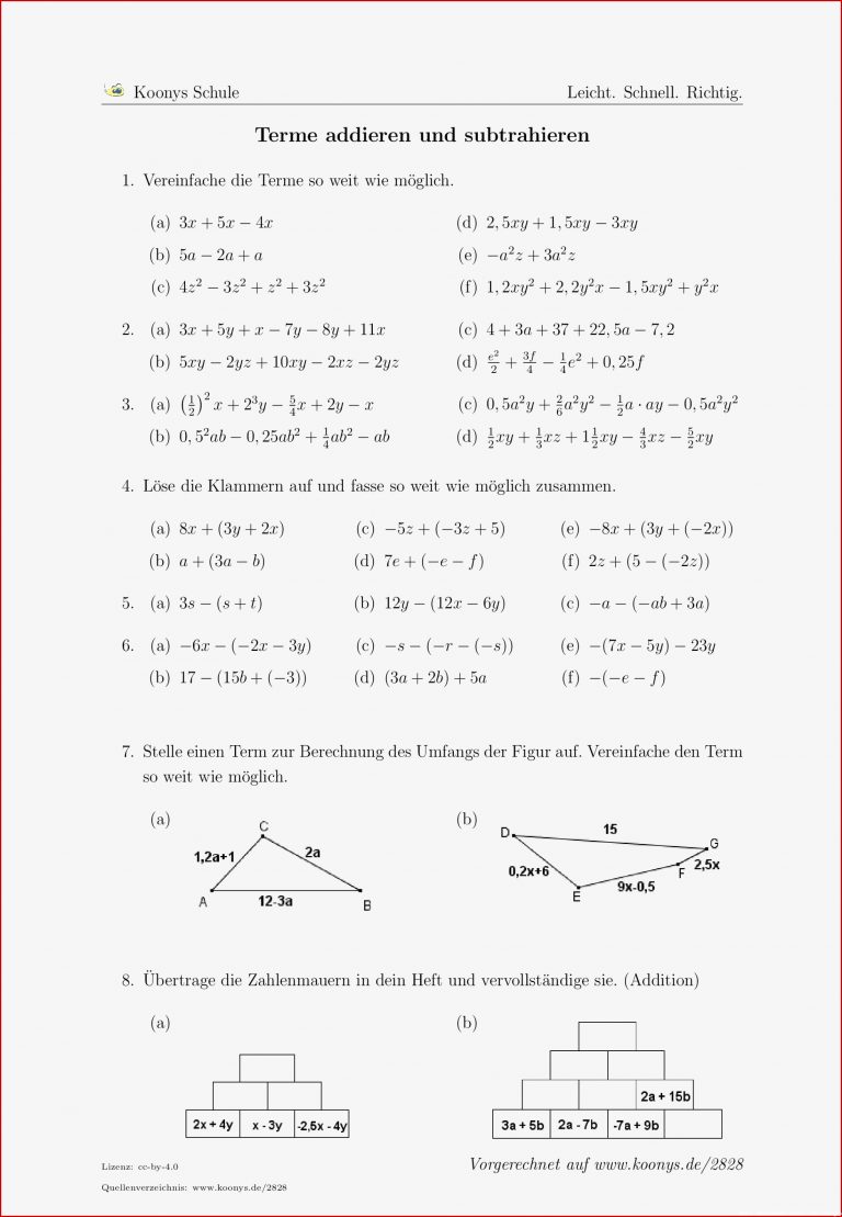 Aufgaben Terme Ad Ren Und Subtrahieren Mit Lösungen