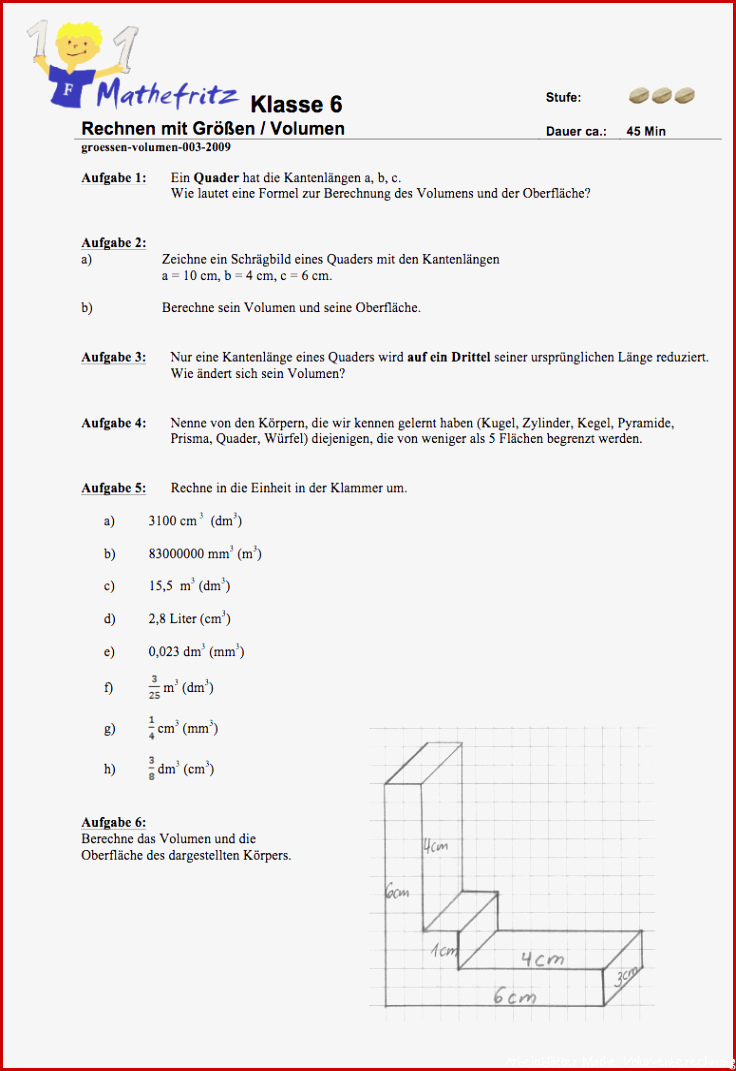 Aufgaben Volumen Quader Wüerfel Matheaufgaben Klasse 6