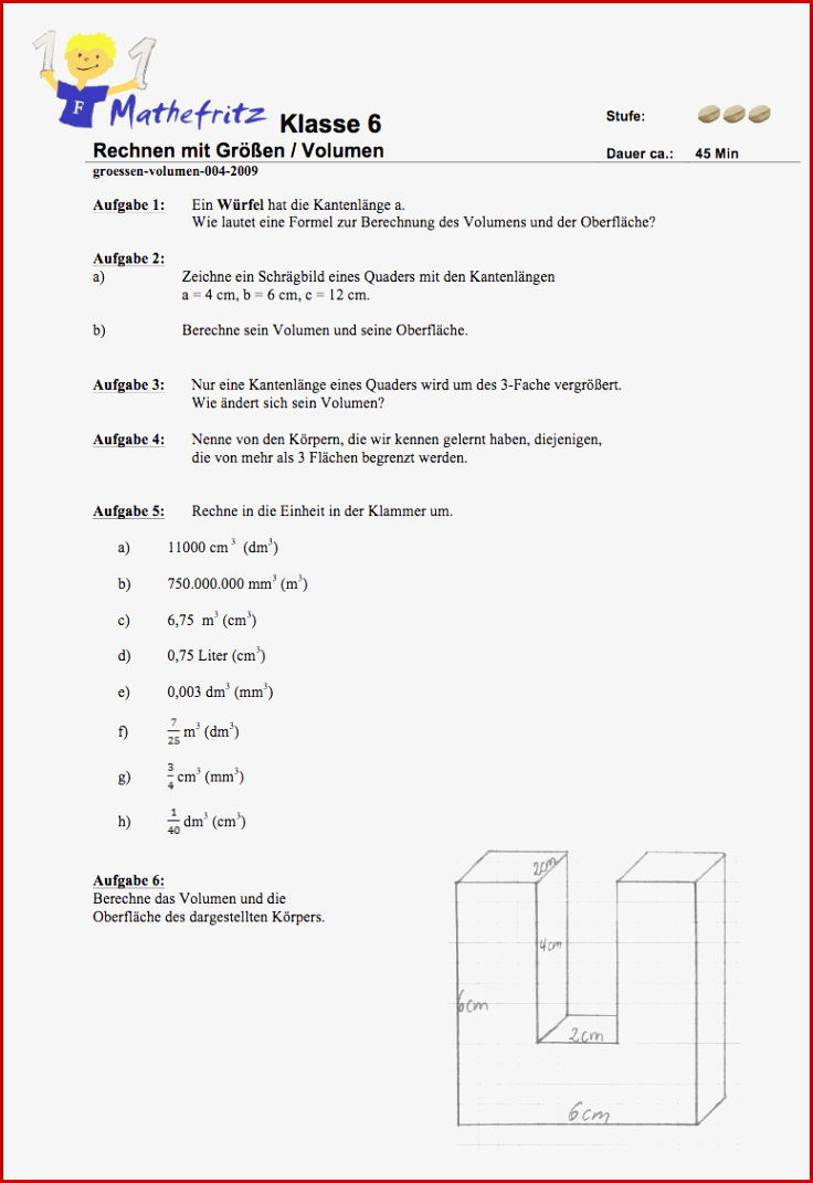 Aufgaben Volumen Quader Wüerfel Matheaufgaben Klasse 6