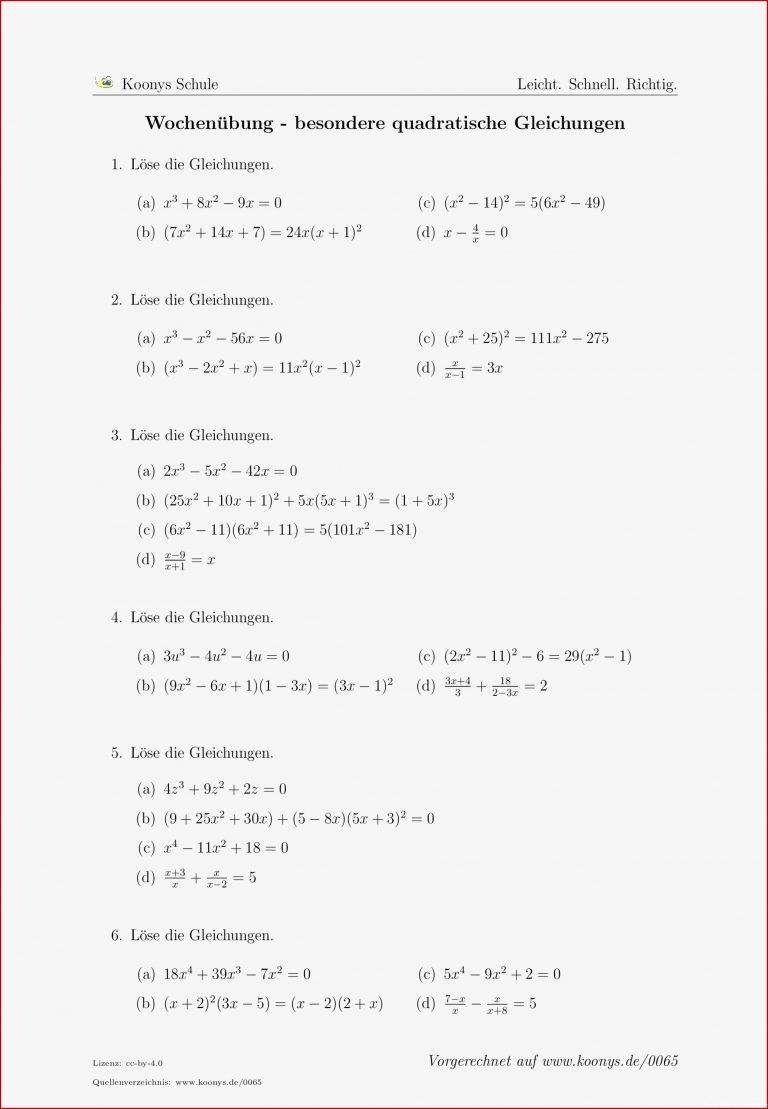 Aufgaben Wochenübung besondere quadratische Gleichungen