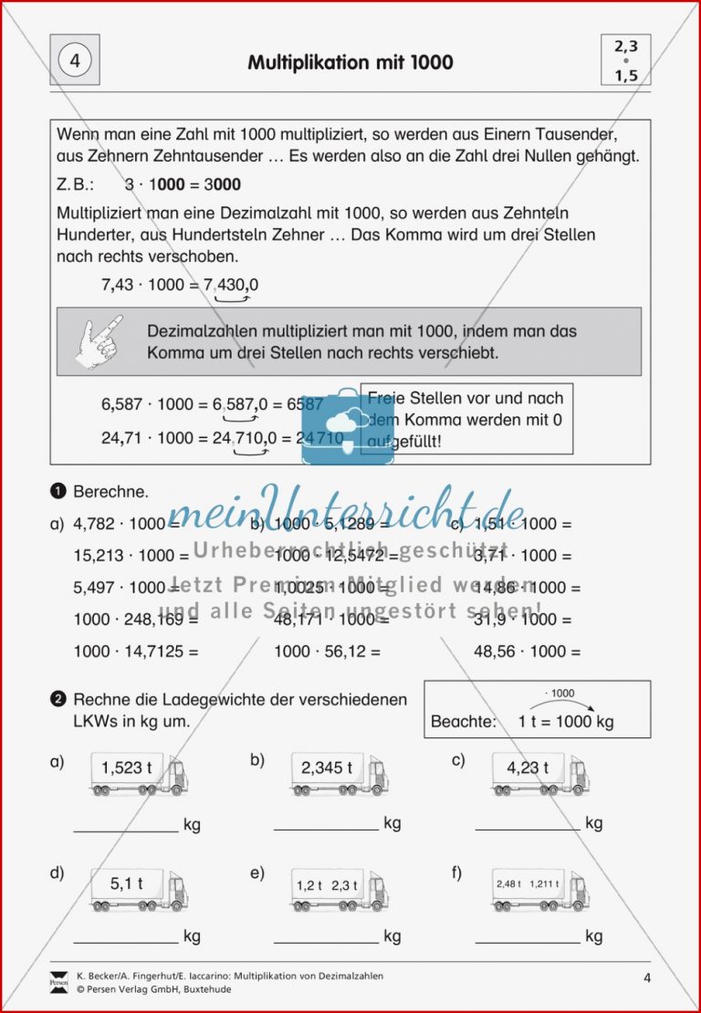 Aufgaben zur Multiplikation von Dezimalzahlen mit 10 100