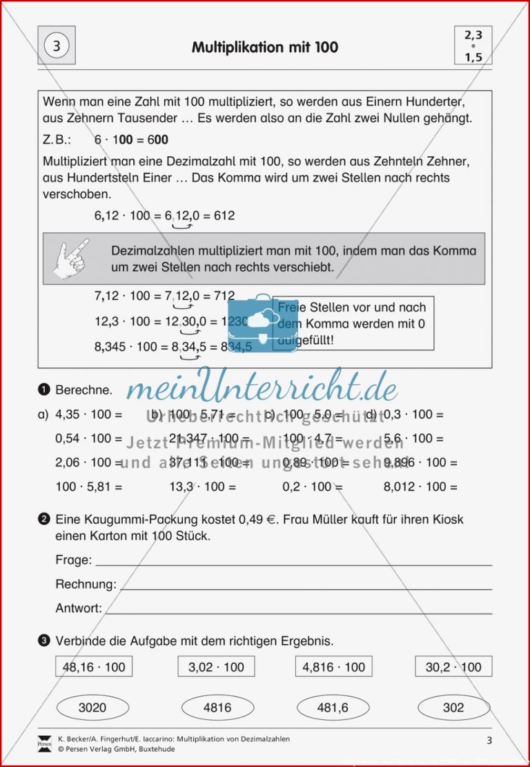 Aufgaben zur Multiplikation von Dezimalzahlen mit 10 100