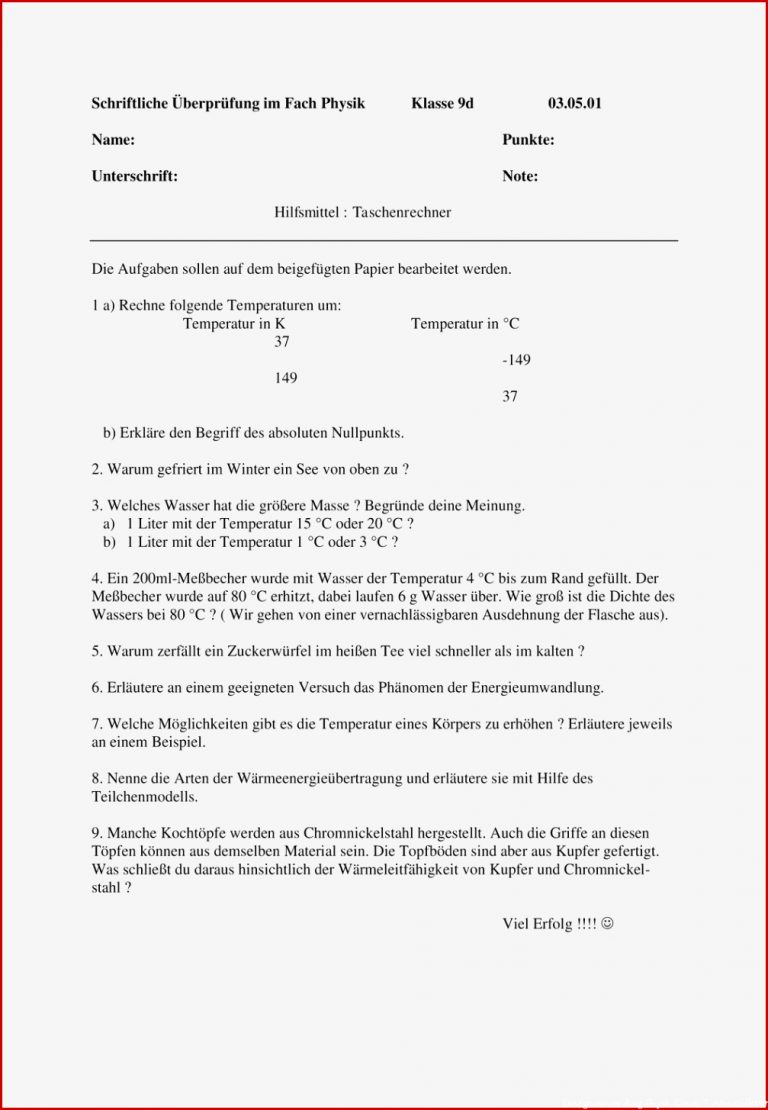 Aufgaben Zur Wärme – Unterrichtsmaterial Im Fach Physik