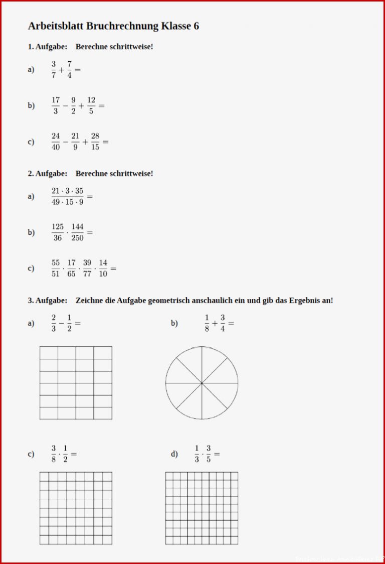 Aufgabenblatt Bruchrechnung Klasse 6