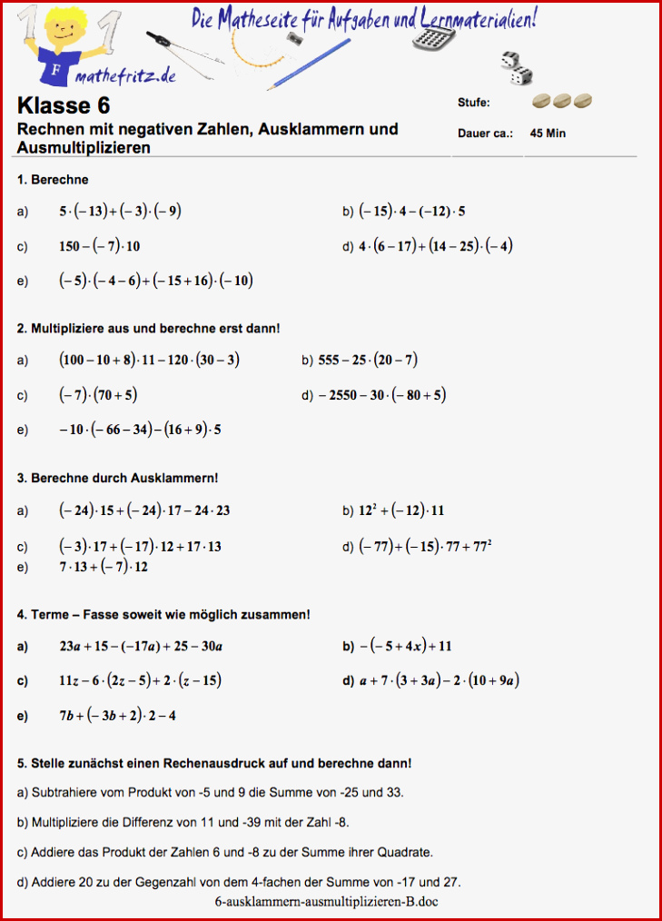 Ausklammern Ausmultiplizieren Arbeitsblatt Klasse 5 Mathefritz