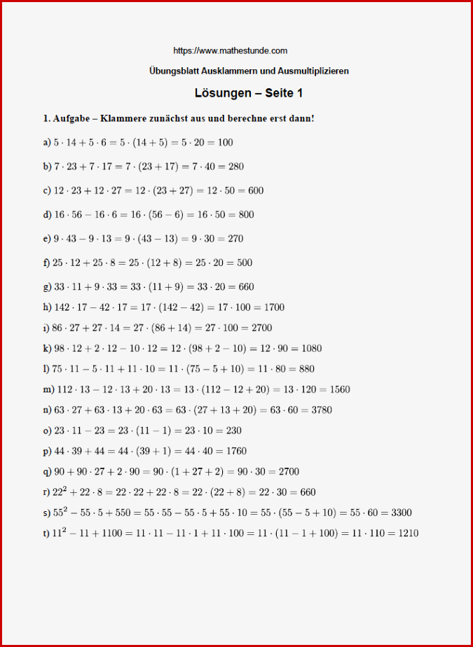 Ausklammern Ausmultiplizieren Arbeitsblatt