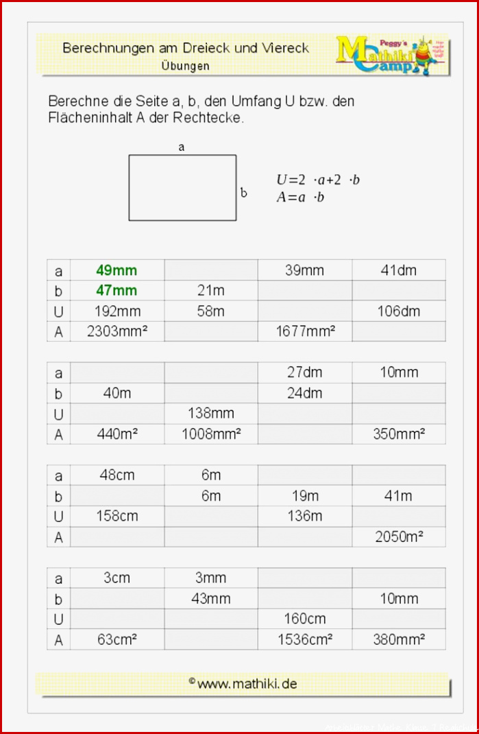 Berechnungen am Rechteck Klasse 7 8 kostenloses
