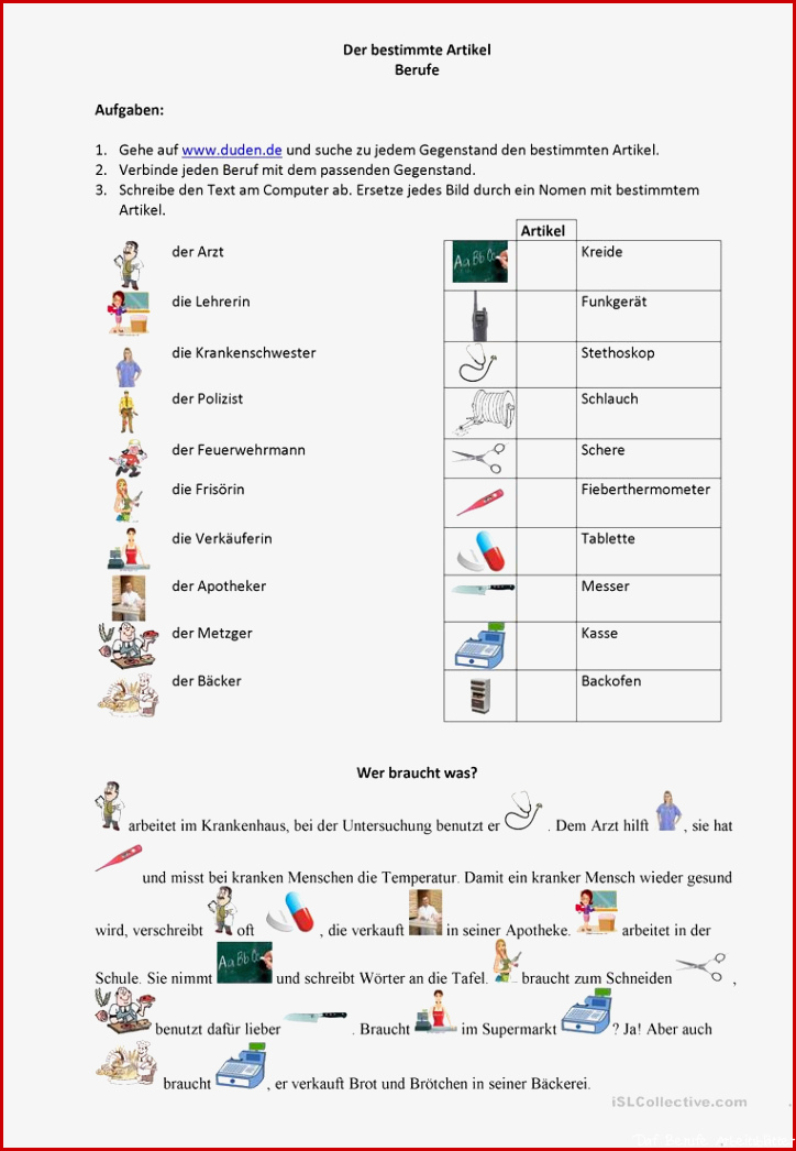 Berufe Der bestimmte Artikel Arbeitsblatt Kostenlose