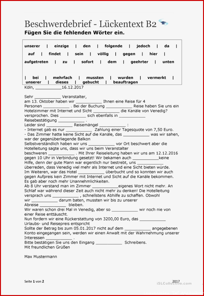 Beschwerdebrief Lückentext B2 MIT LÖSUNGEN