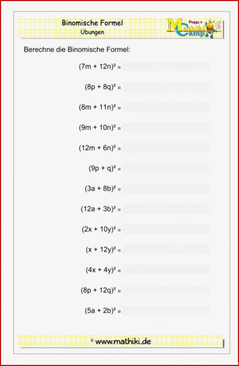 Aufgaben Zu Binomischen Formeln Mit Lösungen 4 Beste Mathe Arbeitsblatt Binomische Formeln Sie Berücksichtigen