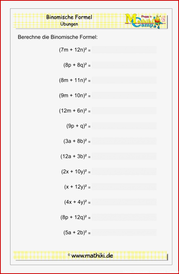 Binomische Formeln I Klasse 7 8 Arbeitsblatt mit