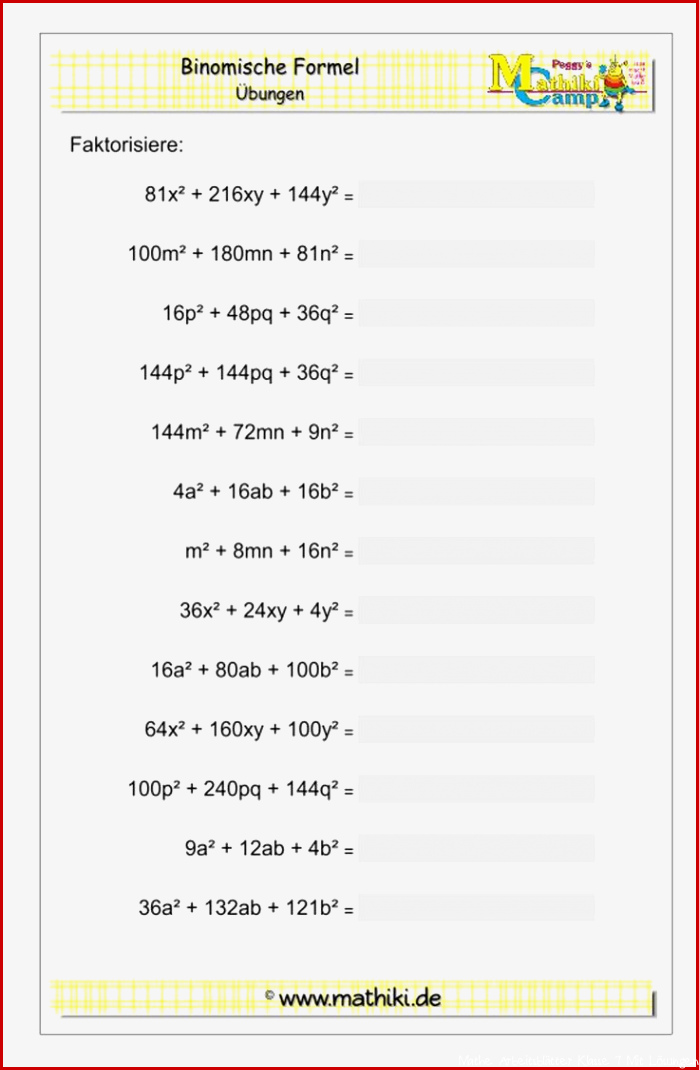 Binomische Formeln II Klasse 7 8 Arbeitsblatt mit