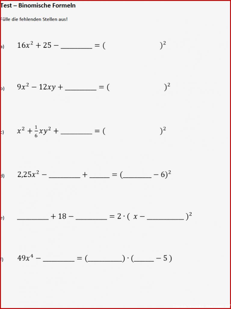 Binomische formeln Rückwärts Aufgaben