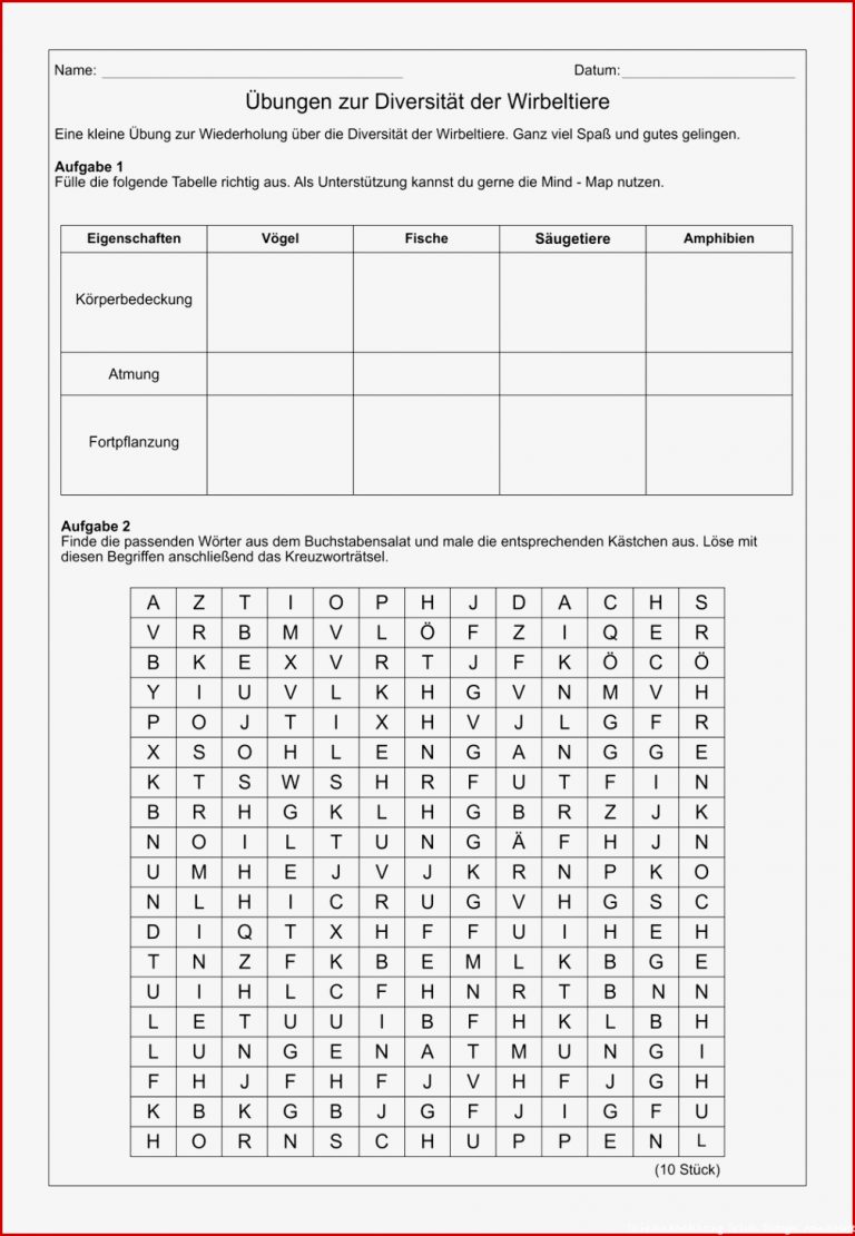 Biologie Wirbeltiere Arbeitsblätter Worksheets