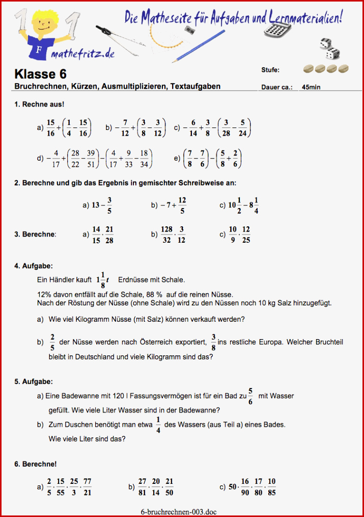 Bruchrechnen Klasse 6 Gymnasium [klassenarbeit Lösungen