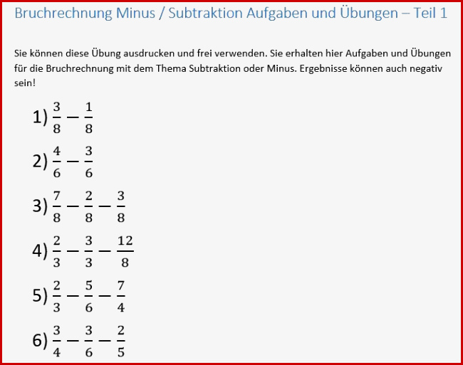 Bruchrechnung Subtraktion Subtrahieren Minus