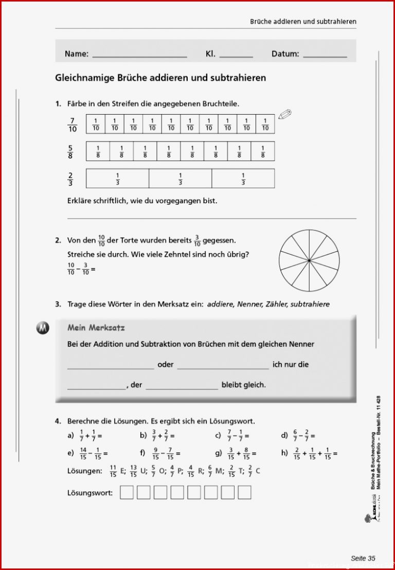 Brüche & Bruchrechnung Mein Mathe Portfolio PDF ab 10 J