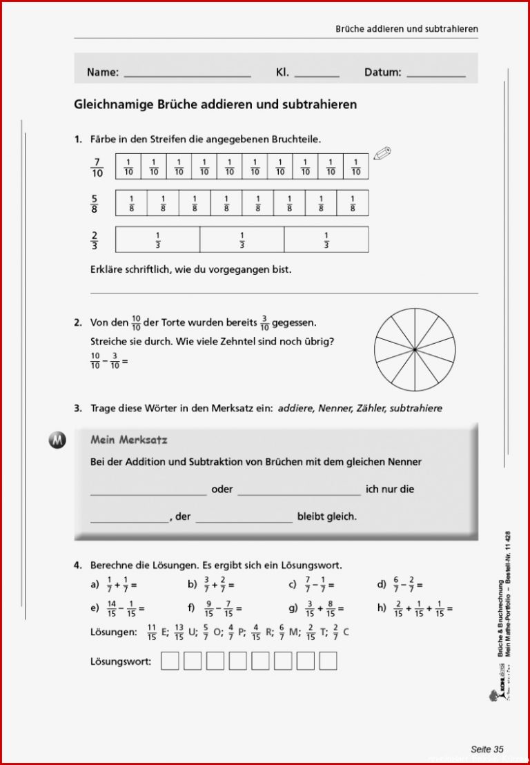 Brüche & Bruchrechnung Mein Mathe Portfolio Pdf Ab 10 J