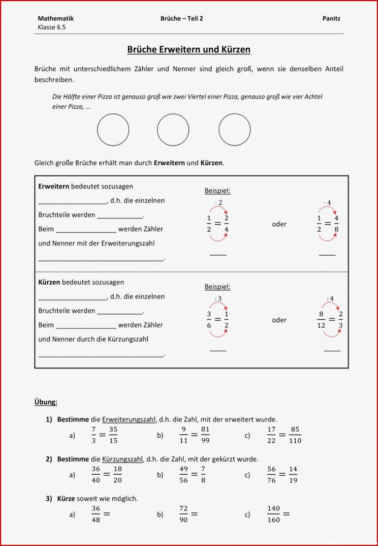 Brüche Erweitern Und Kürzen Arbeitsblatt Pdf Carl