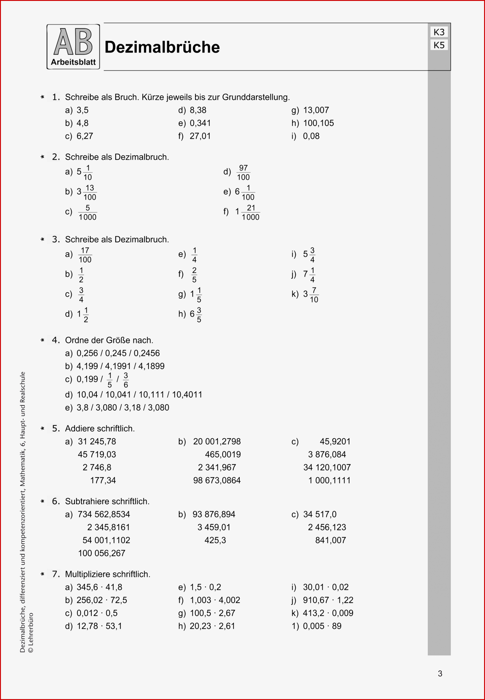 Brüche Mathe Arbeitbletter Klasse 6 Brüche