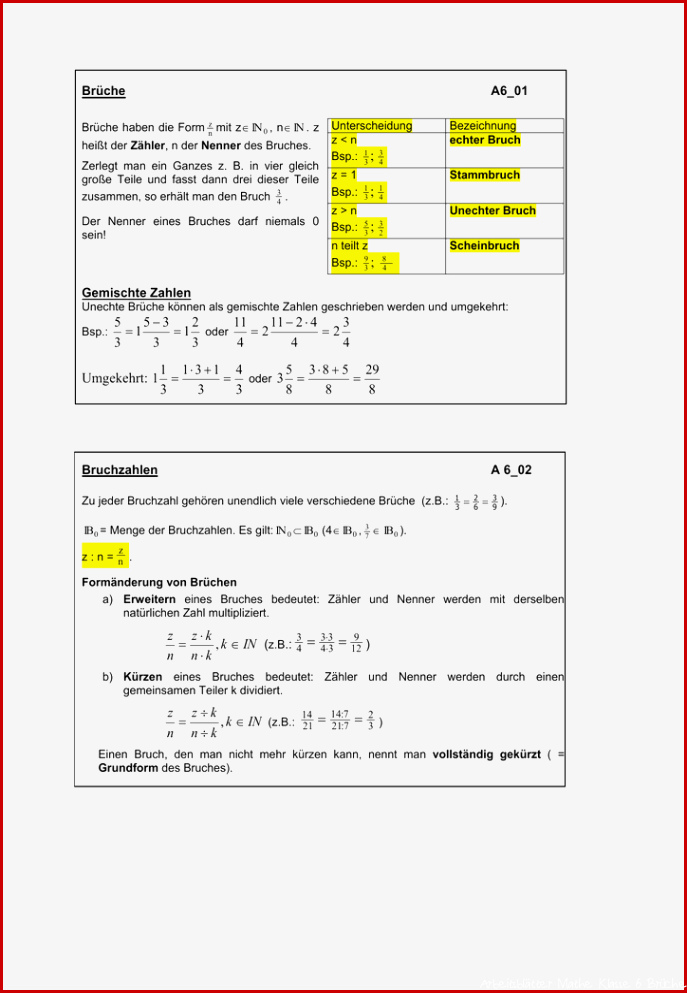 Brüche Mathe Arbeitbletter Klasse 6 Klassenarbeit Mathe