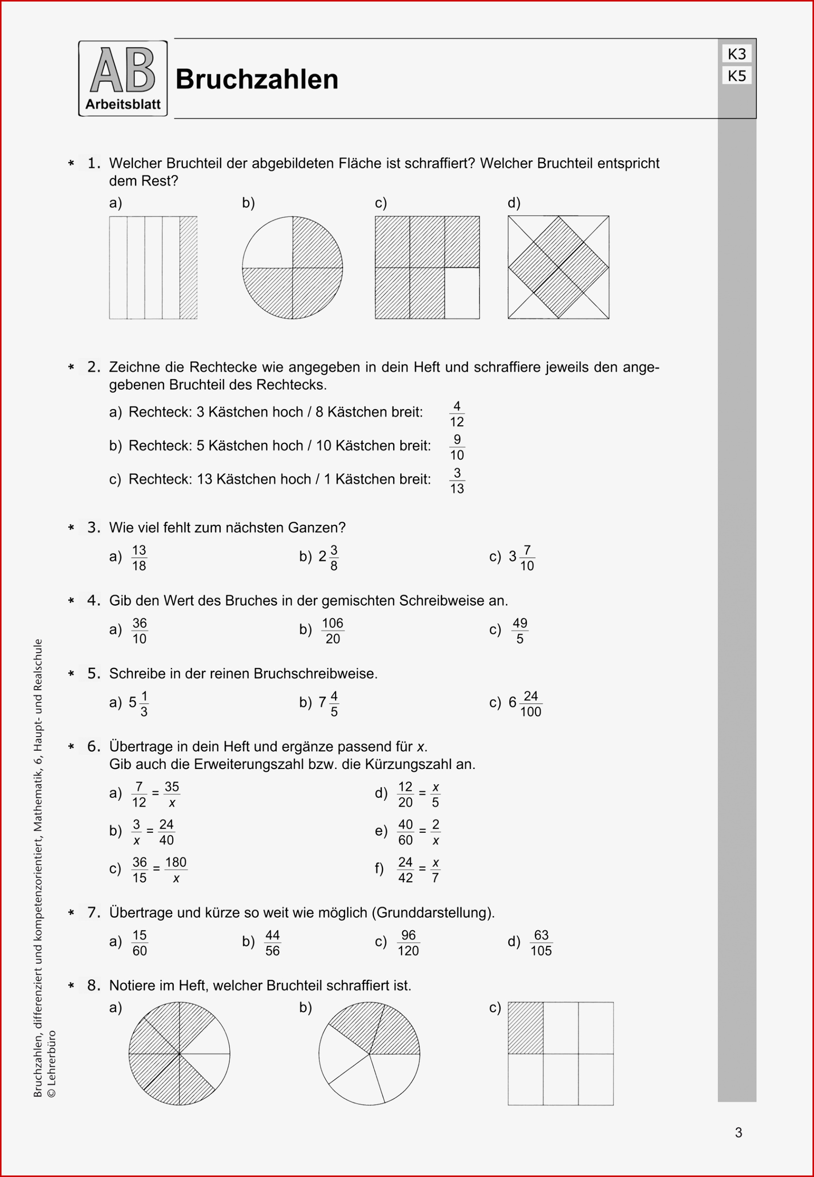 Brüche Mathe Arbeitbletter Klasse 6 Matheaufgaben Klasse