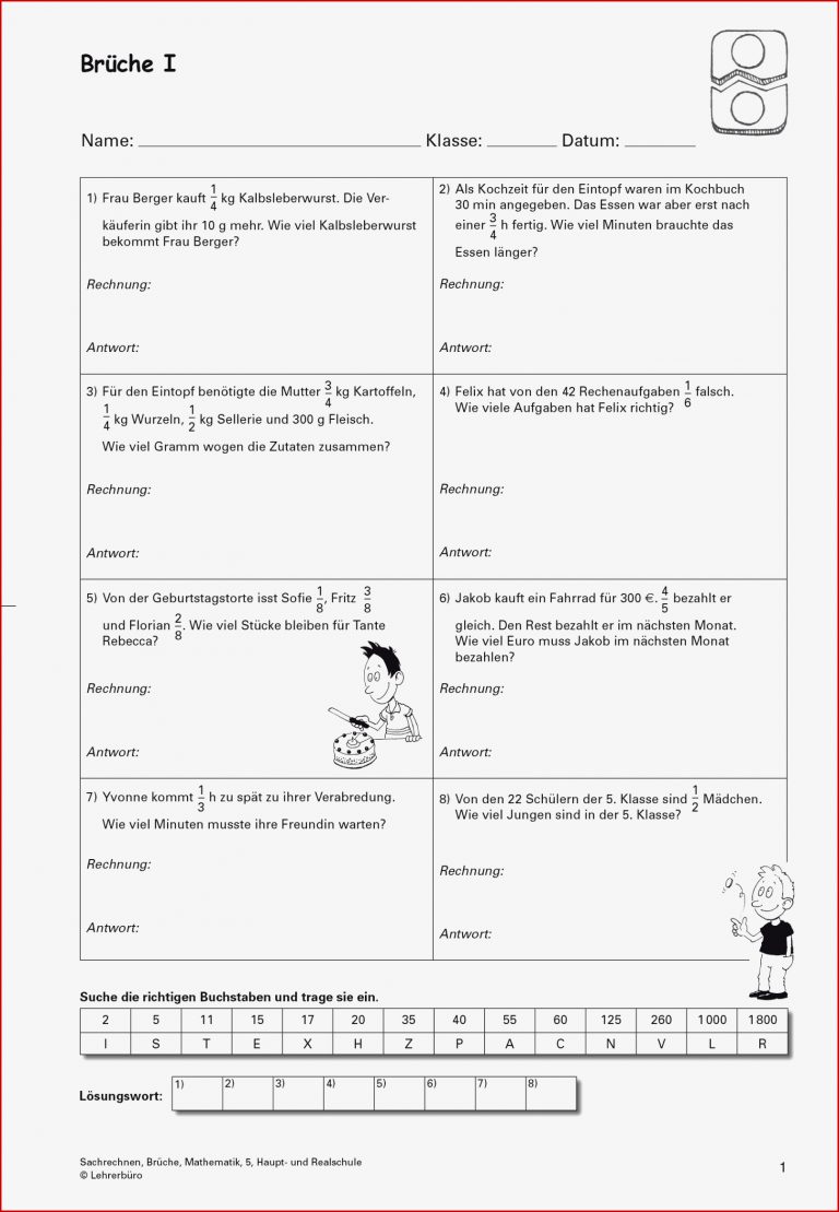 Brüche Mathe Arbeitbletter Klasse 6 Schulaufgaben