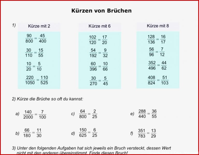 Brüche Mathe Arbeitbletter Klasse 6 Schulaufgaben