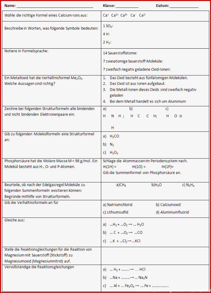 Chemische Formeln und Reaktionsgleichungen