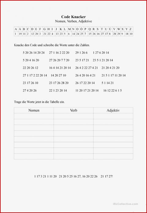 Code Knacker Nomen Verben Adjektive Arbeitsblatt